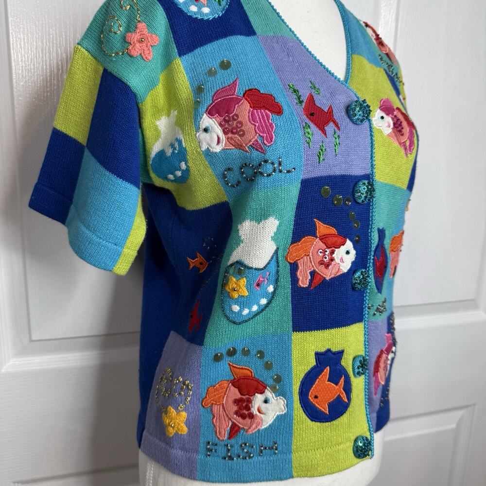 Berek Fish Sweater Cardigan Womens Small Beaded Embroidered Colorful Crochet - Picture 5 of 8